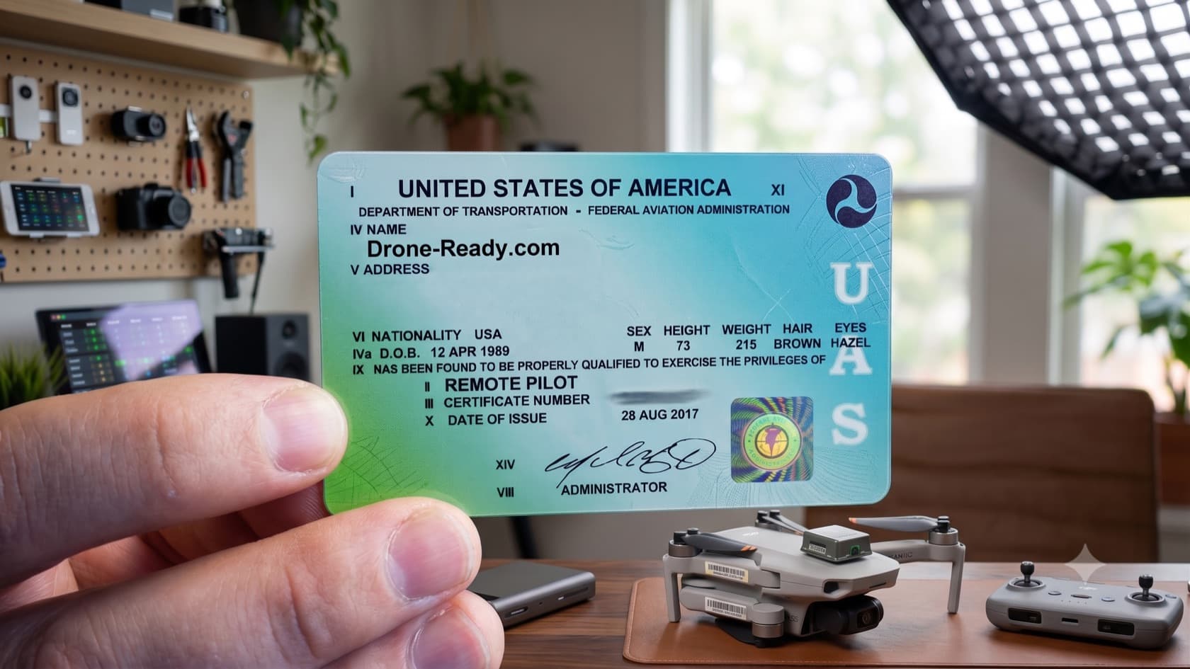 A hand holding an FAA Remote Pilot Certificate card in a drone workshop
