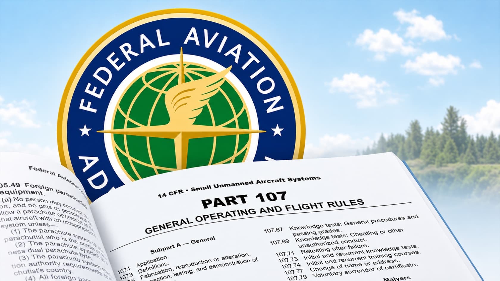An open copy of 14 CFR Part 107 — General Operating and Flight Rules — in front of the Federal Aviation Administration seal