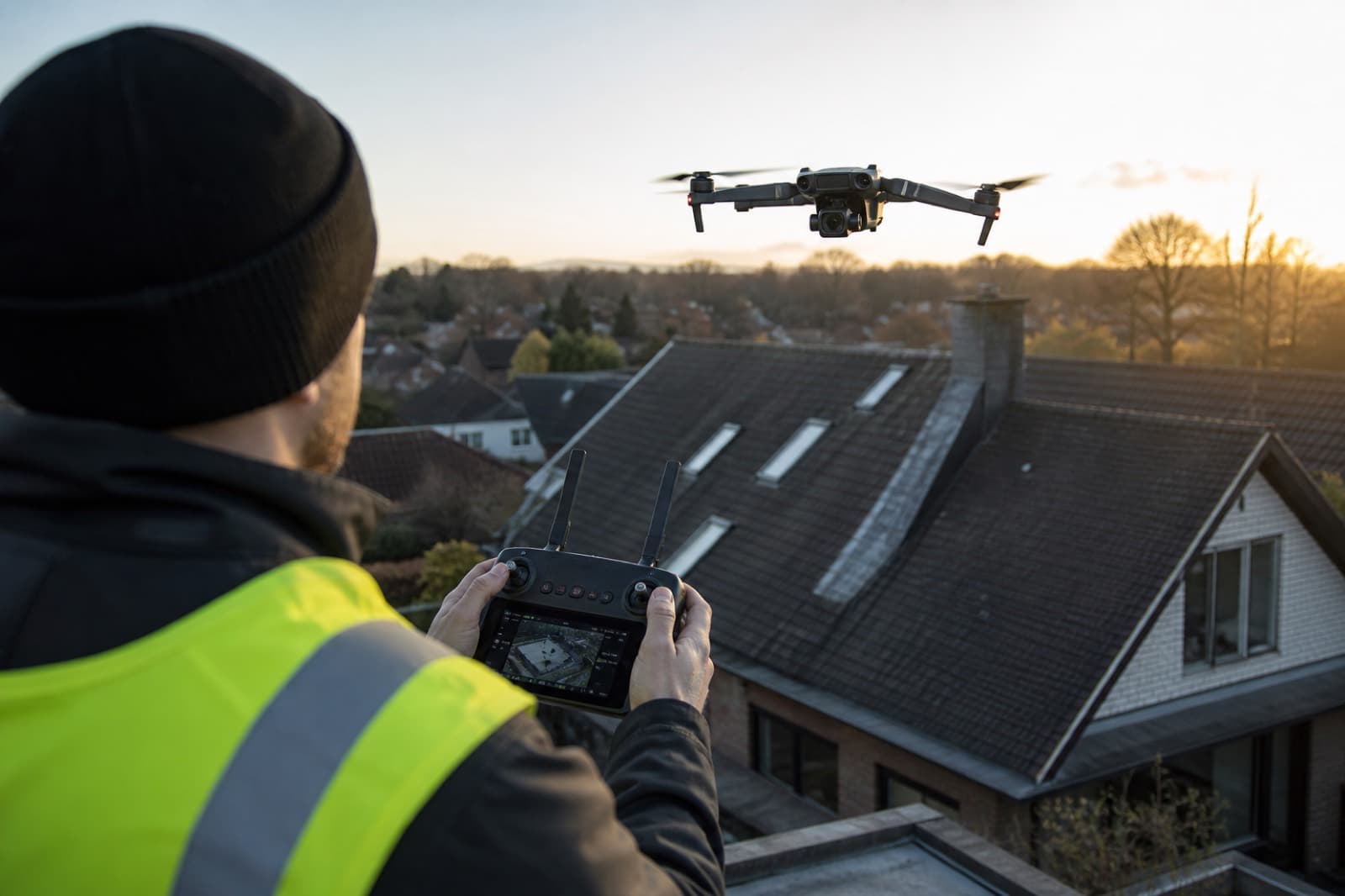 A drone pilot in a hi-vis vest launches a professional drone over a rooftop inspection job